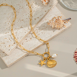 Edelstahl-Halsketten mit Muschelform und Seestern-Imitatperlenanhänger für Frauen&nbsp;QE7881