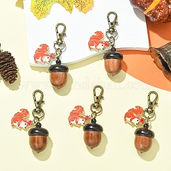 5 pendentif décoratif en alliage émaillé représentant un écureuil et un gland en bois&nbsp;HJEW-YW00324