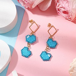 Boucles d'oreilles à tige en forme de cœur avec perles de verre faites à la main&nbsp;EJEW-MZ00279-02