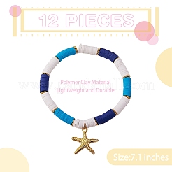 12 Stück 12 Stil handgefertigte Polymer-Ton-Heisih-Perlen-Stretch-Armbänder mit Muschel-Seestern-Anhänger&nbsp;BJEW-SW00035