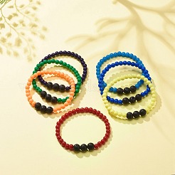7 pièces 7 couleurs acrylique et pierre de lave naturelle ensembles de bracelets extensibles perlés ronds&nbsp;BJEW-JB08551