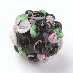 Handmade Lampwork Beads, Rondelle with Flower, Bumpy, Black, 14~15x12~13mm, Hole: 1.5~1.8mm