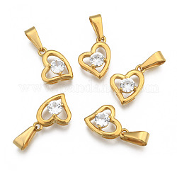 304 Stainless Steel Pendants, with Cubic Zirconia, Heart, Clear, Golden, 16x9x3.5mm, Hole: 5x3mm