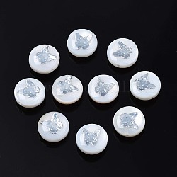 Perles de coquillages naturels d'eau douce, avec des ornements en laiton, plat et circulaire avec papillon, platine, 8x4~5mm, Trou: 0.6mm
