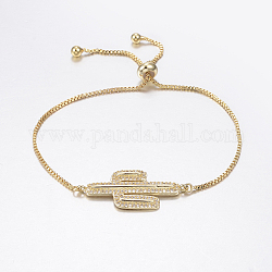 Adjustable Brass Micro Pave Cubic Zirconia Bolo Bracelets, Slider Bracelets, with Brass Box Chains, Cactus, Golden, 10-5/8 inch(270mm)