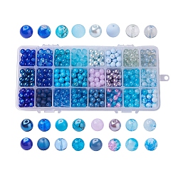 Perle di vetro stile misto, tinto, tondo, 24 colori, colore sfumato, blu, 8mm, Foro: 1.3~1.6 mm, su 27~30pcs / colore, 648~720pcs/scatola
