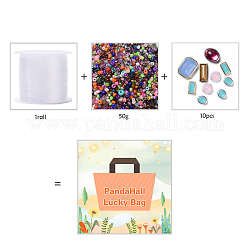 Bolso de la suerte pandahall, incluyendo 50g de perlas de vidrio, 10 pieza coser en acrílico de taiwán y alambre de nailon de 1 rollos, color mezclado, 10~105mm