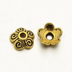 Tibetischen Stil 5 ​​-petal Zinklegierung Perlkappen, Antik Golden, 10x3.5 mm, Bohrung: 2 mm