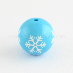Round Acrylic Snowflake Pattern Beads, Christmas Ornaments, Light Sky Blue, 16mm, Hole: 2mm