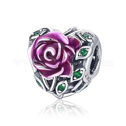 925 perles européennes en argent sterling pour halloween, Perles avec un grand trou   , coeur avec rose, rose, platine
