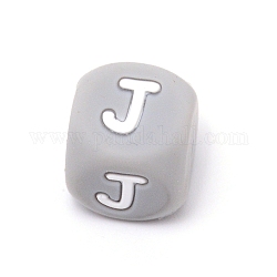 Perline dell'alfabeto in silicone per la realizzazione di braccialetti o collane, stile lettera, cubo grigio, letter.j, 12x12x12mm, Foro: 3 mm