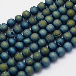 Electroplate Natural Druzy Agate Beads Strands, Dyed, Round, Frosted, Green Plated, 10mm, Hole: 1mm, about 38pcs/strand, 15.7 inch(40cm)