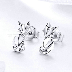 925 Sterling Silver Stud Earrings, with 925 Stamp, Fox, Antique Silver, 13x7mm