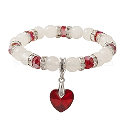 Bracciale elasticizzato con cristalli di quarzo naturale e perline di vetro con ciondoli a cuore per San Valentino, rosso, diametro interno: 2-1/8 pollice (5.45 cm)