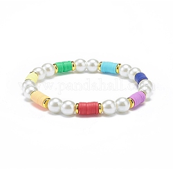 Heishi en pâte polymère & perle de verre & bracelet extensible en perles de laiton pour femme, colorées, diamètre intérieur: 2 pouce (5.2 cm)