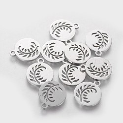 304 Stainless Steel Charms, Flat Round with Leaf, Stainless Steel Color, 14x12x1mm, Hole: 1.5mm