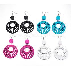 Trendy Flat Round Wood Dangle Earrings, with Platinum Tone Alloy Earring Hooks, Mixed Color, 85~90x48~49mm, pin: 0.8mm