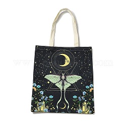 花と蝶と月のプリントキャンバスレディーストートバッグ  ハンドル付き  ショッピング用ショルダーバッグ  長方形  薄緑  60cm