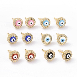 Enamel Evil Eye Stud Earrings with Clear Cubic Zirconia, Gold Plated Brass Jewelry for Women, Cadmium Free & Lead Free, Mixed Color, 9mm, Pin: 0.8mm