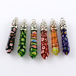 Millefiori Glass Big Pendants with Alloy Findings, Mixed Color, 60~70x11x11mm, Hole: 4mm
