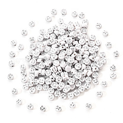 Perles acryliques blanches opaques, métal enlacée, plat rond avec l'expression, Plaqué Argent, 7x4mm, Trou: 1.6mm, 200 pièces / kit