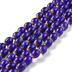 Chapelets de perles vernissées manuelles, ovale avec des fleurs, bleu minuit, 11.5~12.5x9.5mm, Trou: 1.2mm, Environ 26~27 pcs/chapelet, 12.99~13.39 pouce (33~34 cm)