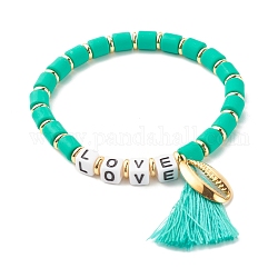 Mot amour perles bracelet extensible pour fille femmes, bracelet à breloques en forme de coquillage cauri et pampille, or, aigue-marine, diamètre intérieur: 2-1/8 pouce (5.5 cm)