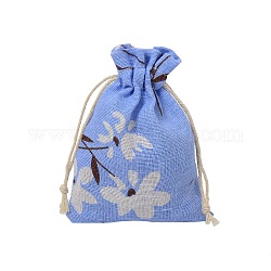 Sachets d'emballage en tissu de coton, sacs à cordon avec motif de fleurs, bleuet, 14x10 cm