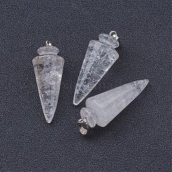 Naturquarz Kristall Anhänger, Anhänger aus Bergkristall, mit platinen Messing Zubehör  , Kegel / Spike / Pendel, 43~45x16 mm, Bohrung: 5x7 mm