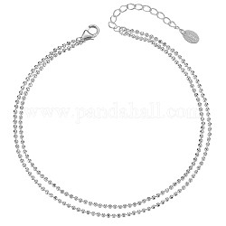 Rhodium Plated 925 Sterling Silver Multi-strand Ball Chain Anklet with Tiny Oval Charm, Women's Jewelry for Summer Beach, Platinum, 8-1/8 inch(20.5cm)