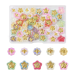 Cheriswelry 60Pcs 10 Style Transparent Spray Painted Glass Beads, with Glitter Powder and Golden Plated Brass Findings, Star & Flower with Bee, Mixed Color, 12~14x12~14.5x5~5.5mm, Hole: 1mm, 6Pcs/style