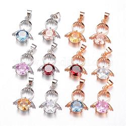 Brass Cubic Zirconia Pendant, Angel, Mixed Color, 20x14x5mm, Hole: 4x5mm