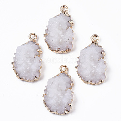 Druzy Resin Pendants, with Edge Light Gold Plated Iron Loop, Nuggets, White, 24~25x15x6~7mm, Hole: 1.8mm