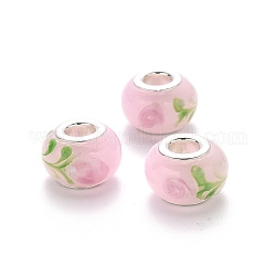 Perles européennes vernissées manuelles, perles de rondelle avec grand trou , en laiton de tonalité de platine noyaux doubles, Rondelle avec des fleurs, rose, 14~15x9~10mm, Trou: 5mm