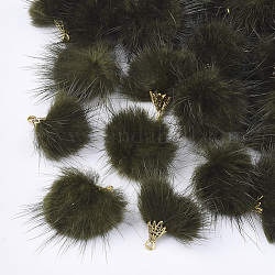 Décorations pendantes de pompon en fausse fourrure de vison, avec les accessoires en alliage, Or antique, olive, 20~30x28~30mm, Trou: 1.8mm