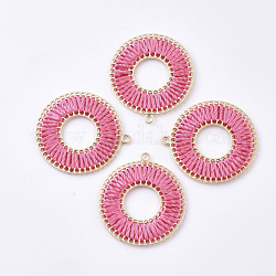 Polyester Thread Woven Pendants, with Golden Plated Alloy Findings, Long-Lasting Plated, Donut, Hot Pink, 39x35x2mm, Hole: 2mm