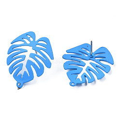 Accessoires de puces d'oreilles en fer peints au spray, avec boucles horizontales, feuille de monstera, Dodger bleu, 28.5x24mm, Trou: 1.4mm, pin: 0.7 mm
