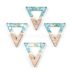 Pendentifs en résine transparente et bois blanc, breloques triangle creux avec paillettes, lumière bleu ciel, 27.5x24x3.5mm, Trou: 1.8mm
