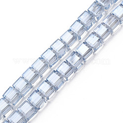 Electroplate transparentes abalorios de vidrio hebras, facetados, cubo, azul acero claro, 7x7x7mm, agujero: 1.4 mm, aproximamente 100 pcs / cadena, 26.77 pulgada (68 cm)