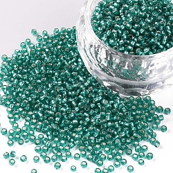 11/0 grado a cuentas de semillas de vidrio transparente, plata forrada agujero redondo, redondo, verde mar medio, 2x1.5mm, agujero: 0.3 mm, aproximamente 3000 unidades / 50 g