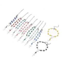 201 bracelet à breloques croix en acier inoxydable, Chapelet en émail mauvais œil pour femmes, bracelet en perles sur le thème de la religion, couleur mixte, 6-1/8 pouce (15.7 cm)