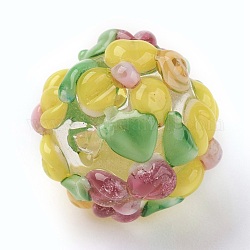 Perles vernissées manuelles, Rondelle avec des fleurs, cahoteuse, jaune, 14~15x12~13mm, Trou: 1.5~1.8mm