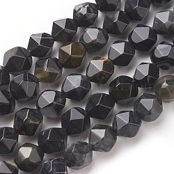 Natürliche versteinerte Holzperlen Stränge, sternförmige runde Perlen, facettiert, Schwarz, 7~8 mm, Bohrung: 1 mm, ca. 47~48 Stk. / Strang, 14.5 Zoll ~ 15 Zoll (37~38 cm)
