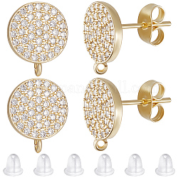 Beebeecraft 4 Pairs Brass Micro Pave Cubic Zirconia Flat Round Stud Earring Findings, with Vertical Loops & 8Pcs 304 Stainless Steel Friction Ear Nuts, Golden, 11.5x9.5x2mm, Hole: 1mm, Pin: 0.7mm