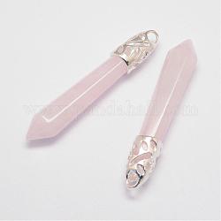 Pendenti a punta grande in quarzo rosa naturale, con accessori in lega, proiettile, platino, 57~63x13x10mm, Foro: 3x4 mm
