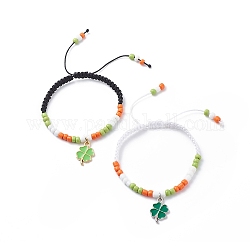 2 stücke 2 farbe legierung emaille klee charme armbänder set, Glasgeflochtene Perlenarmbänder für Frauen, Mischfarbe, Innendurchmesser: 2-1/8~3-1/8 Zoll (5.3~7.8 cm), 1 Stück / Farbe