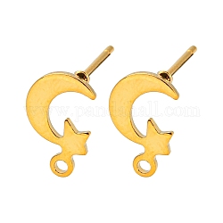 Accessoires de boucles d'oreilles à tige en acier inoxydable en forme de lune et d'étoile 201, avec 304 épingles en acier inoxydable et boucles horizontales, or, 11x7mm, Trou: 1.2mm, pin: 0.7 mm.