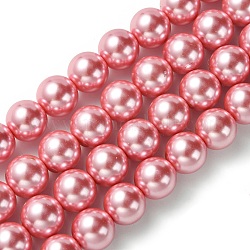 Hebras de perlas de vidrio ecológicas, Grado A, redondo, teñido, cordón de algodón rosca, rosa perla, 12mm, agujero: 1.2~1.5 mm, aproximamente 34 pcs / cadena, 15.7 pulgada