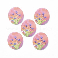 Acrylic Cabochons, for Hair Pins, Hair & Earrings Accessories, Oval with Flower Pattern, Hot Pink, 35x31x2.5mm