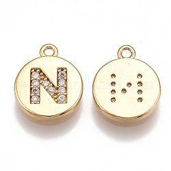 Latón charms de circonio cúbico, plano y redondo con la letra, real 18k chapado en oro, Claro, letter.n, 12x10x2mm, agujero: 1 mm